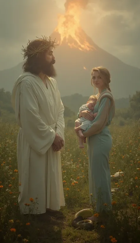 A man resembling Jesus Christ wears a simple white robe and a crown of thorns. He is standing watching a woman who is standing and carrying a newborn baby in her arms. The baby is dressed in a light blue shirt and pants and sleeps peacefully. Next to Jesus...