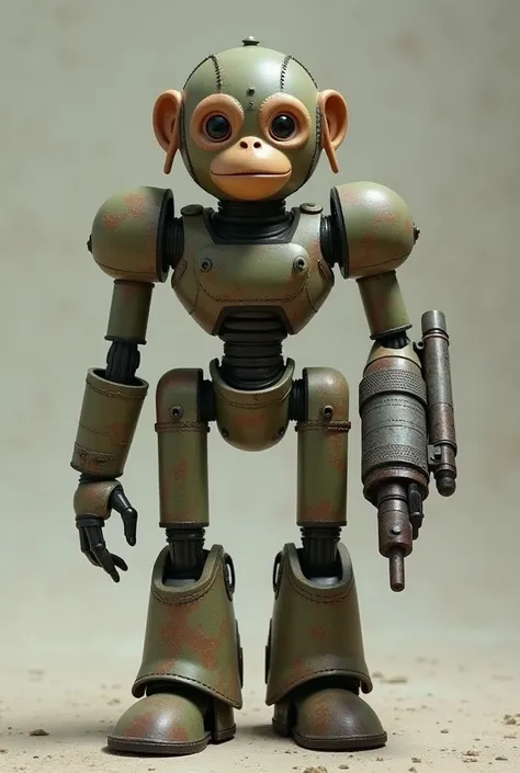 This is a robot warrior similar to Minion.
The robot has a round face and big monkey eyes.
The mouth is triangular.
The robots body is made of steel or camouflage material.
The robot looks very simple yet strange.
It has a strange gun or cannon attached to...