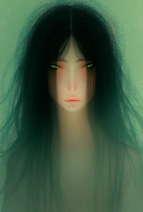  character with green eyes and long black hair, inspired by the Korean artist Chacha 