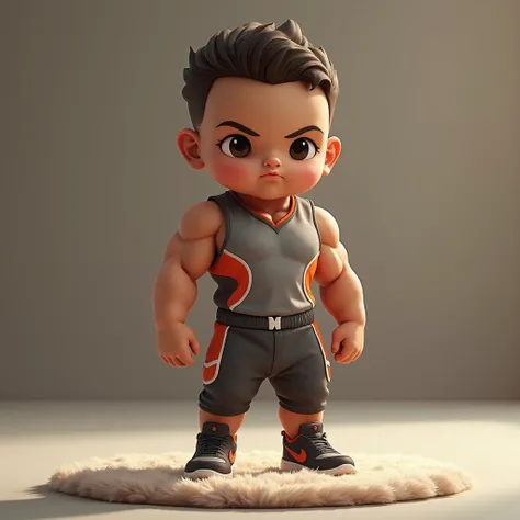 Create a realistic image of a muscular baby standing on a soft rug. With a determined expression on his face, the baby is dressed in cool sportswear, with a stylized t-shirt and pants.