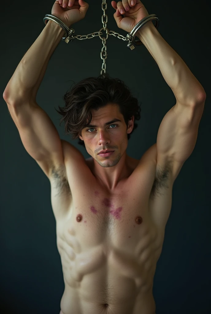 handsome 18 years naked muscled male model, is suspended to the ceiling by chains, wrists handcuffed together, arms up, full body view, bruises on the face, male model looks in the front, front view, nude, legs open, tight ass, hairless, no facial hair, me...