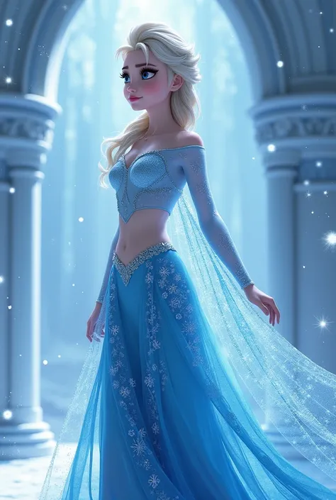 Elsa wears blue skirt and crop top, 