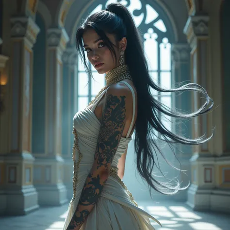 1girl, Solo, she have attractive,hot and sexy body, absurdle long hair, background royal academy , queen, tattooed body, earring jewelries, 8k, hd, bandages covering our body, white Aura coming from her body, chest armour, clothes is flying in the air, ult...