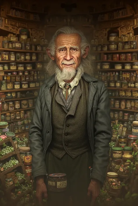 Old handsome grandpa in good clothes sells herbs in jars on shelves HD quality