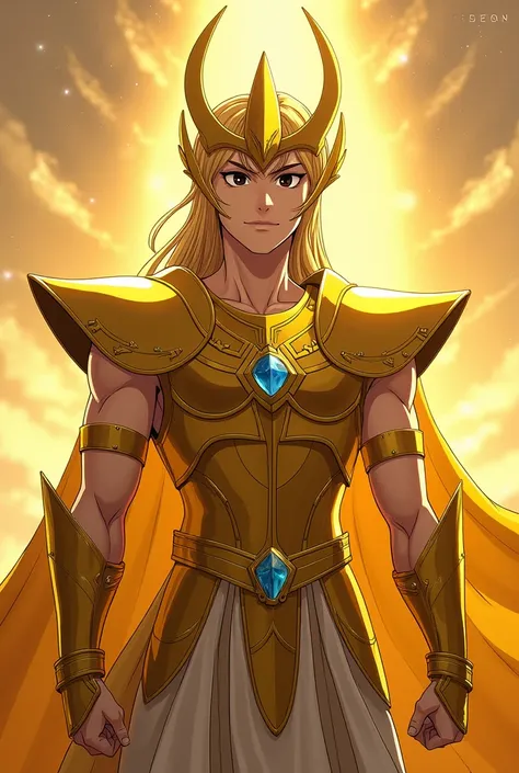 Elijah now wears Virgos imposing golden armor,  that covers his entire body in a majestic and glittering way .  The armor is carefully sculpted ,  with ornate plates that radiate a golden heavenly aura . The helmet covers his head , leaving only the face o...