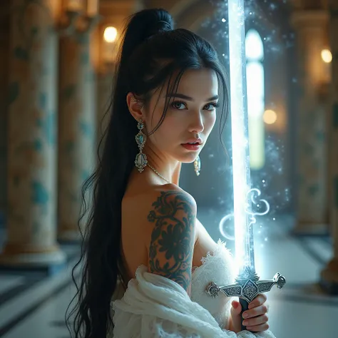 1girl, Solo, she have attractive,hot and sexy body, absurdle long hair, background royal academy , queen, tattooed body, earring jewelries, 8k, hd, bandages covering our body, white Aura coming from her body, chest armour, clothes is flying in the air, ult...