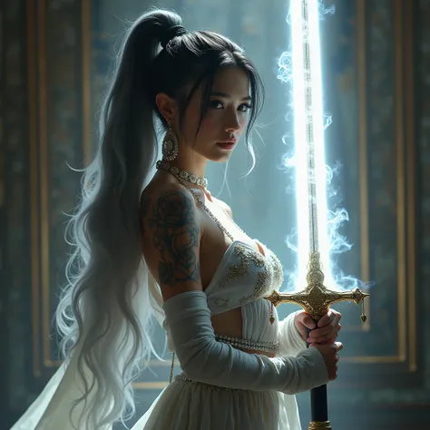 1girl, Solo, she have attractive,hot and sexy body, absurdle long hair, background royal academy , queen, tattooed body, earring jewelries, 8k, hd, bandages covering our body, white Aura coming from her body, chest armour, clothes is flying in the air, ult...