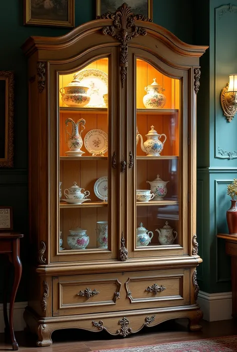 An old wooden cabinet with glass doors, displaying various antique porcelain and ceramic items inside