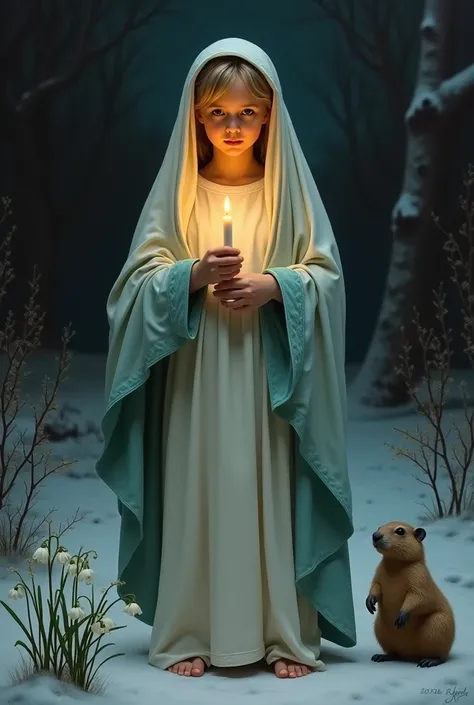 A Caravaggio painting of the virgin Mary at age 5 dressed in white and aqua, holding a candle in late winter, late twilight, a groundhog is on the ground, snowdrop flowers
