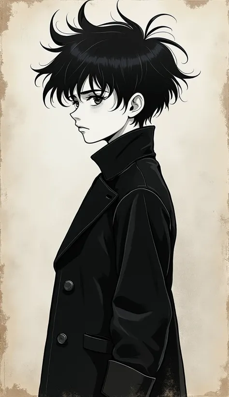 black and white drawing, Boy with bulky hair that hits his shoulders, wearing a black overcoat, old paper background