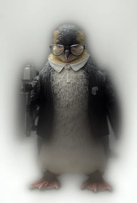 Make a penguin with glasses with control in one hand and a gun in the other