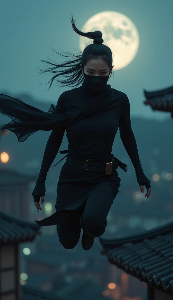 A photorealistic, cinematic shot of a young, beautiful female ninja with a partially masked face, leaping from a traditional Japanese Edo-era rooftop under the full moon. The moonlight illuminates her flowing black attire as she descends, highlighting the ...