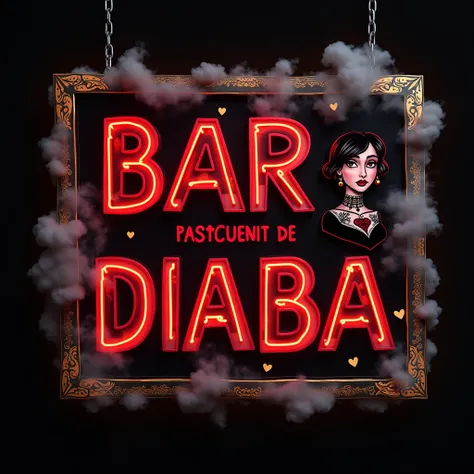 WRITE A SIGN WITH THE WORDS IN PORTUGUESE, BAR DIABA AND BLACK WITH NEON RED LETTERS WITH THE BACKGROUND OF A BAR WITH WHITE SMOKE AROUND IT AND A COUPLE WITH THE YOUNG WOMAN WITH SHORT SEXY BLACK HAIR TATTOOED WITH TATTOO ON HIS NECK WITH RED EYES AND A B...