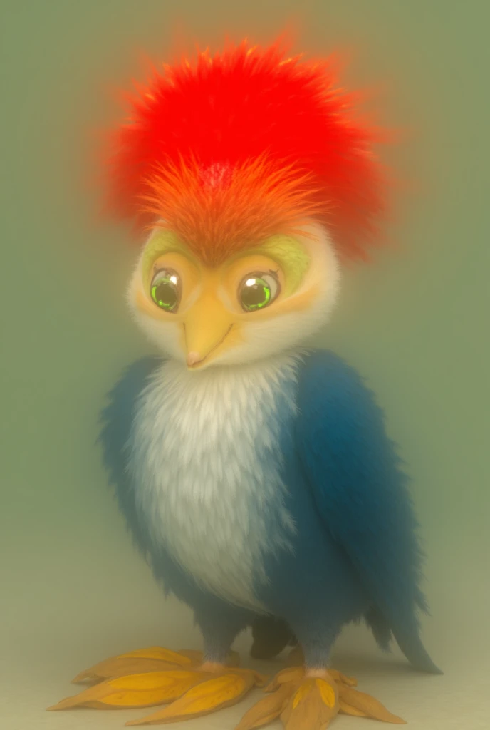  Make a cartoon bird similar to a woodpecker ,  It has a vibrant red head whose feathers project backwards,  white gloves, green irises ,  yellow feet ,  pointed yellow beak , he is smiling,  make his body with dark blue feathers and a white belly ,  make ...