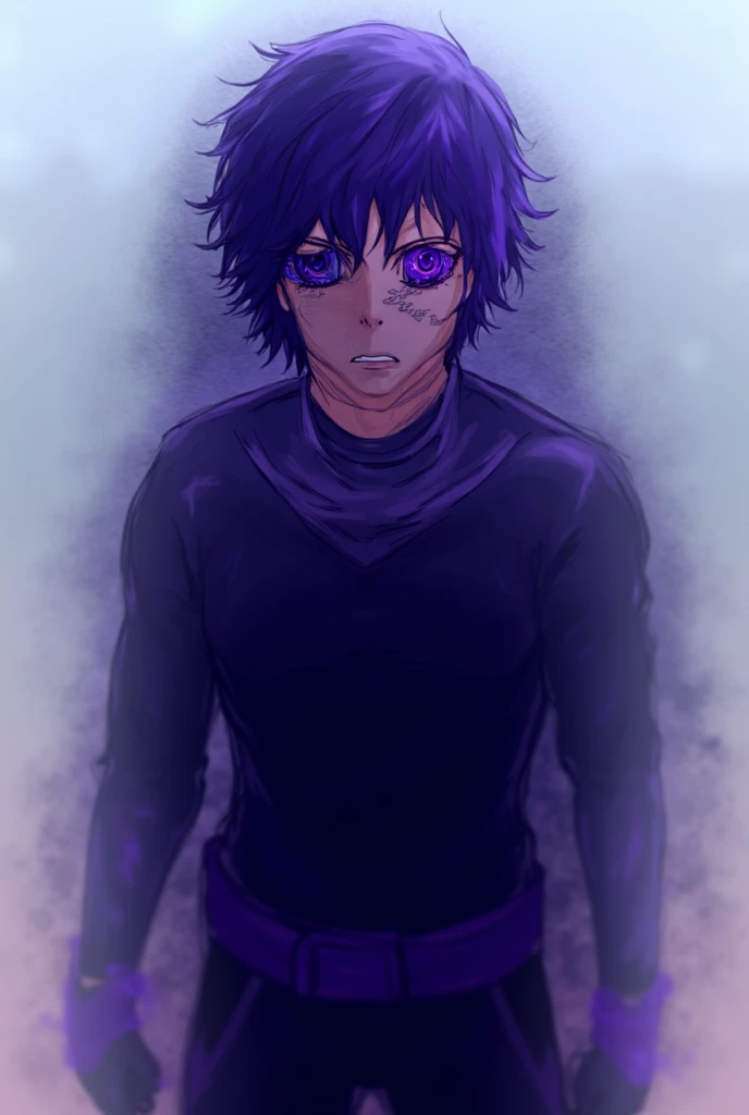 Capture of My Hero Academia, male, half of his hair is purple and black, his purple eyes in his Hero costume, which is black with a purple belt and gloves, and his black one, and has one more mask that only covers half of his face and his background is the...