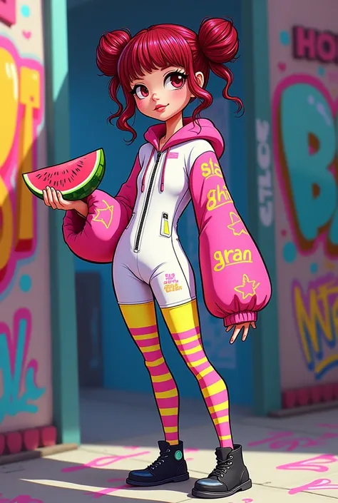  I need a cartoon character of a girl with dark red hair, two buns,  white jumpsuit , with graffiti ,  neon with long sleeve lycra Neon pink , Mallon neon pink yellow stocking ,   black shoes , and in his hand, A watermelon 