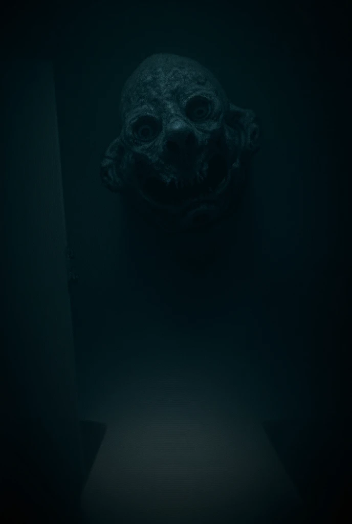 Horrifying creature, no proper shape, smile, eyes and mouth are dark wholes, mouth extends far too long. it only stares, it is in the left corner of a dark bedroom, with a scared 