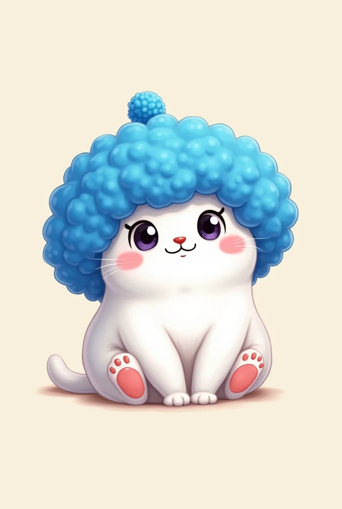 Fluffy white fat chibi cat in a chibi blue clown wig