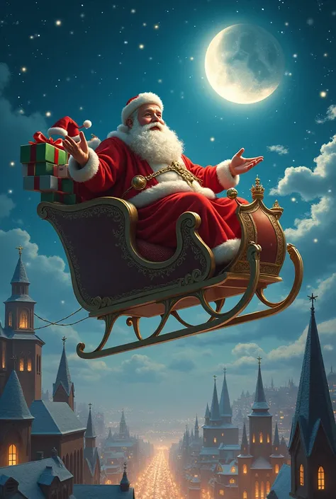 Santas fat Jesus Christ in a sleigh with presents flying over the city on Christmas night 