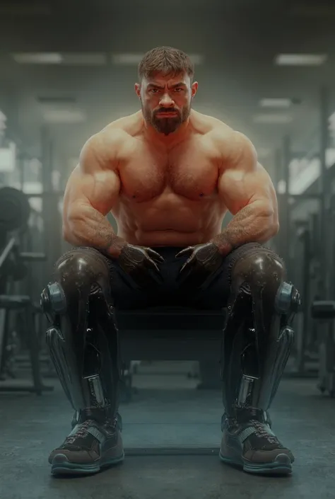 A strong 30 years old man with 2 below knee leg prosthetics, seated in a bench of the gym.