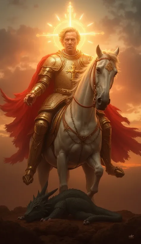  Portray Saint George as a majestic warrior in an epic scene ,  riding an imposing white horse .  He wears full silver metal armor ,  with gold details on the shoulders and chest . About the armor,  displays a vibrant red cape that floats in the wind ,  sy...