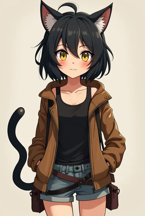 The cat is a girl with black hair and yellow eyes, an adventurer, in a black tank top and a brown leather jacket.The average breast size is 2 sizes. She wears shorts on her legs and pouches on her shorts. calm character, 20 years