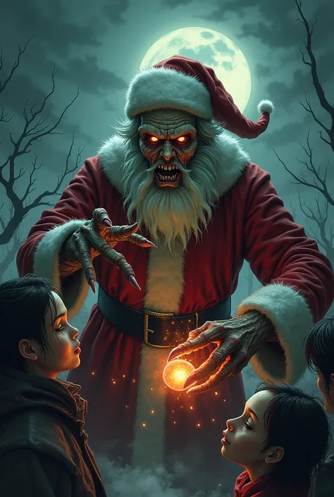 an illustration of Santa Claus stealing peoples dreams, Make terrifying , sombrio,  haunting in a nightmarish world .