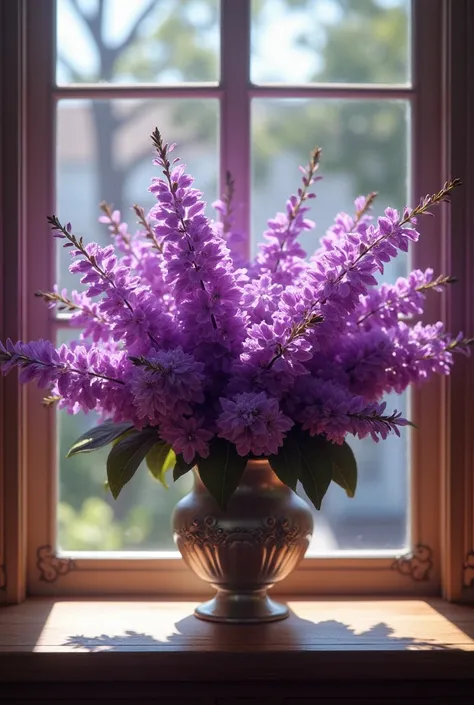 A vase of purple flowers on a windowsill with a blurred outdoor scene visible through the window