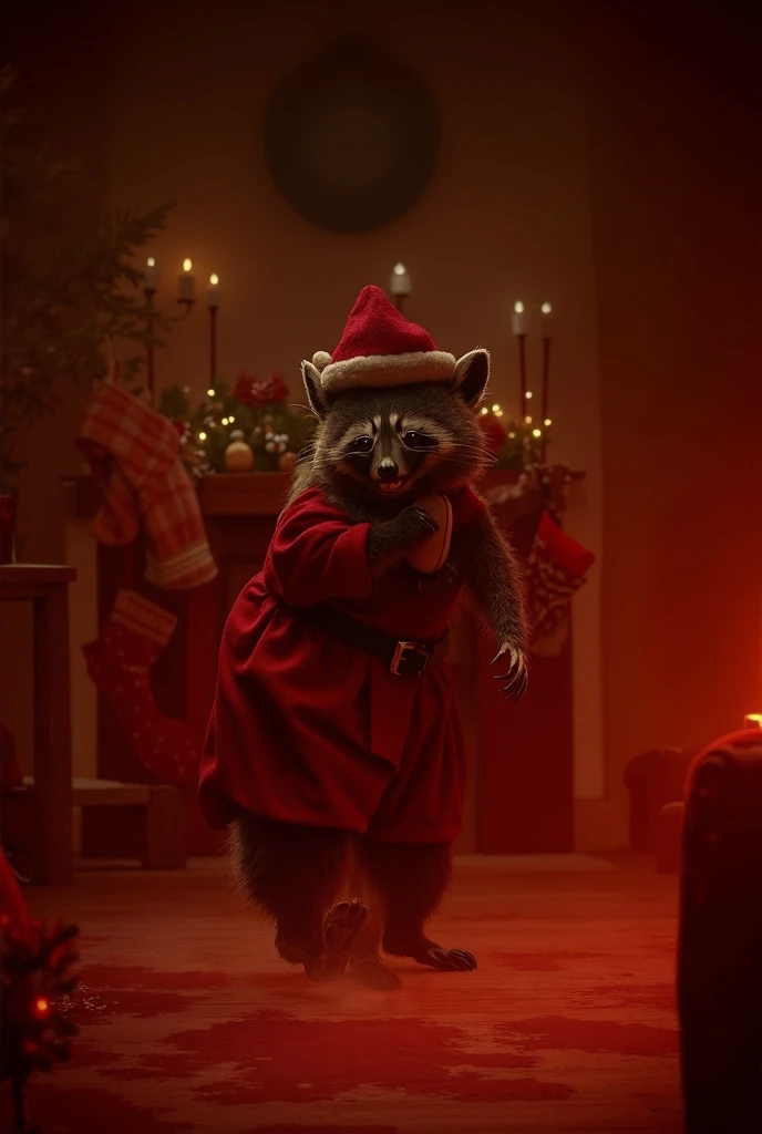 a raccoon dressed in a santa claus outfit sneaking into a cozy living room to deliver gifts carrying a sack full of presents slung over its shoulder the room is warmly lit with a decorated christmas tree stockings hanging by a fireplace and a soft glow cre...