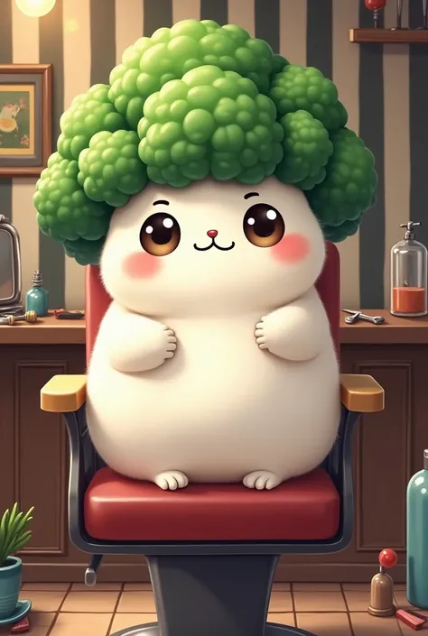 Gato branco fofo gordo chibi em uma peruca de brócolis 🥦 chibi sentado em uma barbearia 