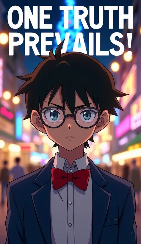 A  , white shirt, red bow tie, blue suit jacket, confident Conan standing in a bustling Christmas tree plaza, his expression sharp and determined. One of his glasses reflects the vibrant lights and decorations of the plaza, creating a dynamic interplay of ...