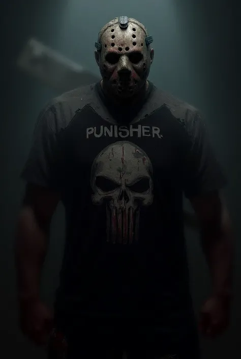 Jason Voorhees wearing the Punisher jersey holding a machete and all stained with blood 