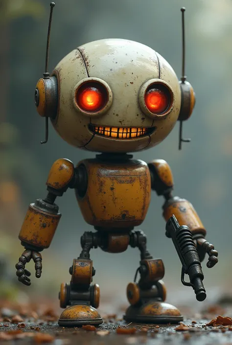 This is a scary robot that eats everything in this world.
The robot has a round face.
His two eyes are very big and shiny.
He is only twice as tall as his head.
His smiling mouth is really scary.
The robot has short legs and short arms.
He is a short steel...