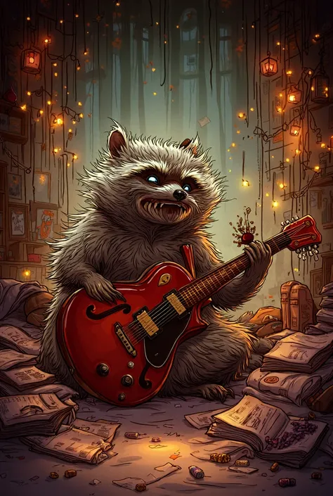 a detailed illustration of a raccoon in its messy bedroom more like a teenager room wildly playing his guitar the room is filled with his personality such as band posters fairy lights a messy bed and scattered items like snacks, magazines and  books the ra...