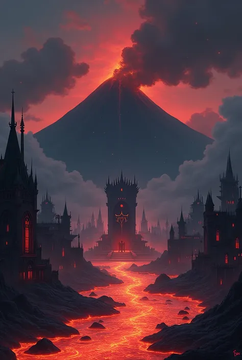 Dark city in the middle of a river of lava and smoke with a volcano and a dark throne in the middle of anime style