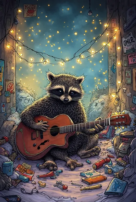 a detailed illustration of a raccoon in its messy bedroom like a teenager bedroom playing his guitar the room is filled with his personality such as band posters fairy lights a messy bed and scattered items like snacks, magazines and  books the raccoon pla...