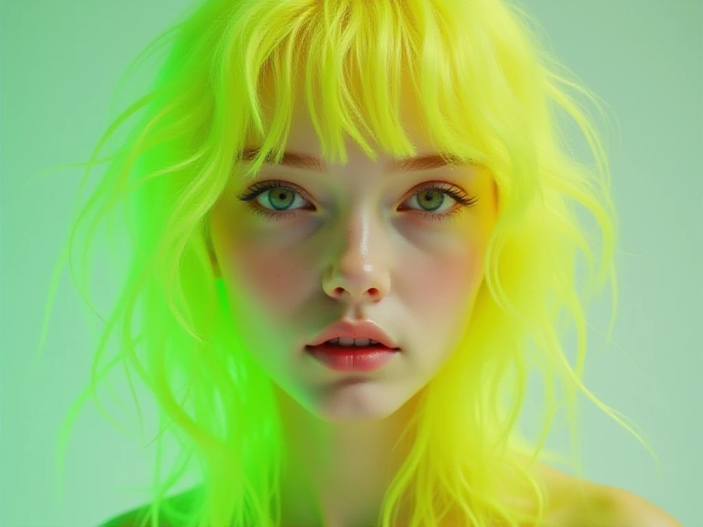  Change the hair color to a blonde one, Yellow in color, with three fluor green strands  