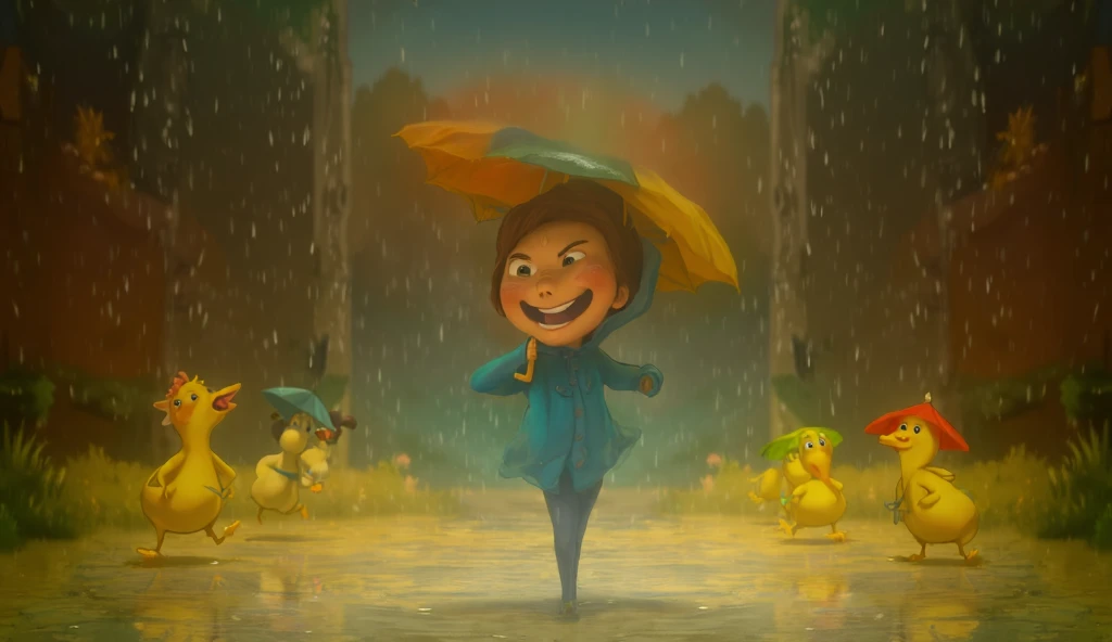 
"A cheerful animated scene of a toddler walking in the rain, holding a colorful umbrella. The is wearing a blue raincoat and smiling joyfully. Following the toddler is a duck and two baby ducklings, each also holding small umbrellas in vibrant colors. . O...