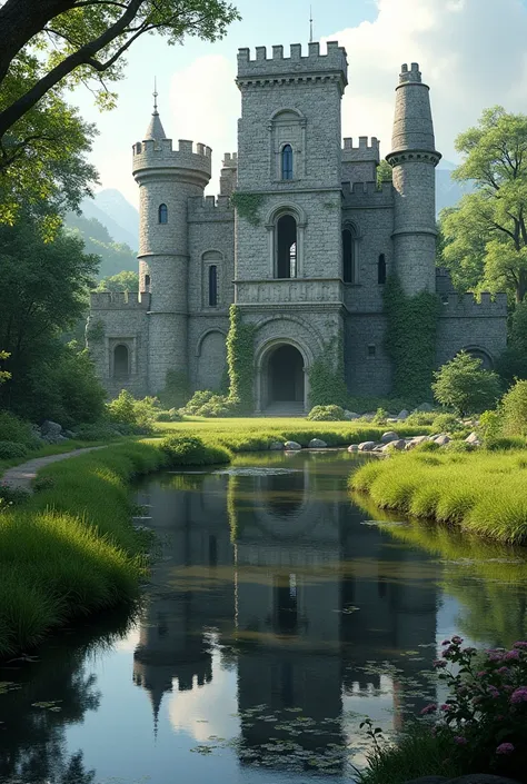 An old stone castle or manor house reflected in a small pond or stream, surrounded by lush green grass and vegetation