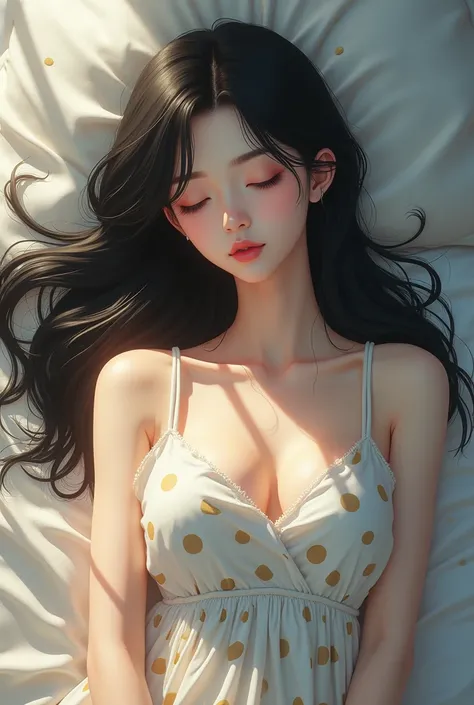  Japanese Woman with long black hair, wearing a polka dot dress, sleeping with her eyes closed.