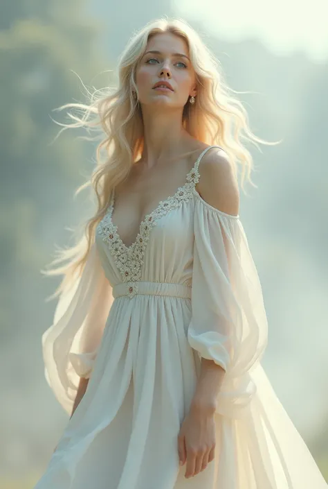 A white woman in her 45s old with long blonde hair and blue eyes. Using a goddess long white dress (cover the neck).