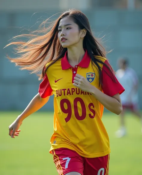 Long-range photography, action freestyle, In football sportswear, ลายสีขาวสีส้มเข้มสดใส, polo shirt with a bright print, a large graphic print, the words,"BUTAPUANG 90s,",  dress, Tight body sports pants ,  is the action on a modern football field., Wiggle...