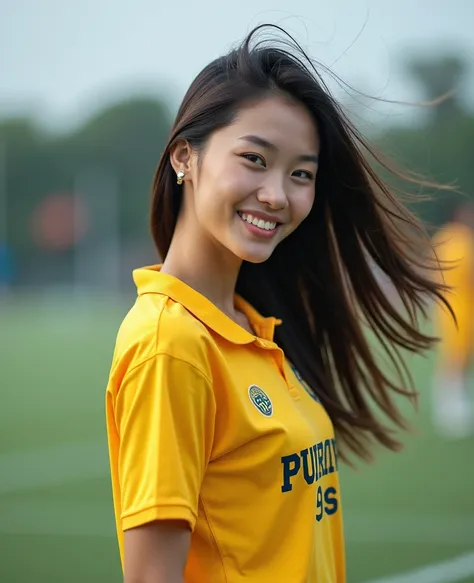 Long-range photography, action freestyle, In football sportswear, ลายสีขาวสีส้มเข้มสดใส, polo shirt with a bright print, a large graphic print, the words,"BUTAPUANG 90s,",  dress, Tight body sports pants ,  is the action on a modern football field., Wiggle...