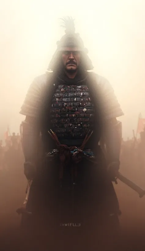 A victorious samurai standing amidst a defeated enemy army, his armor scratched and bloodstained, his katana glowing in the morning light, banners waving in the distance