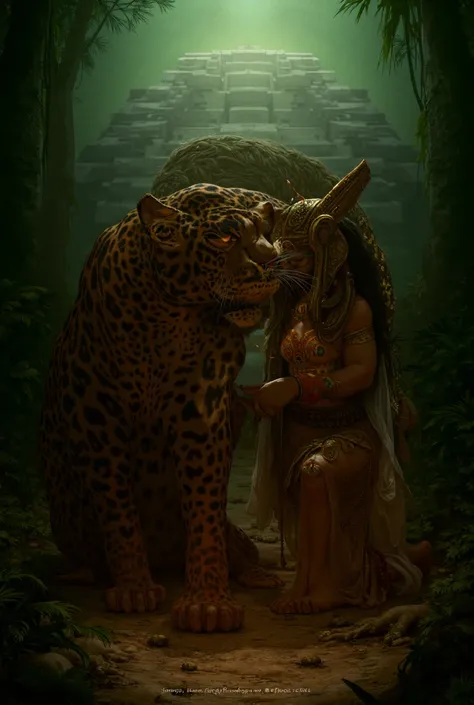 A giant jaguar on its knees and a Mayan princess comforting him