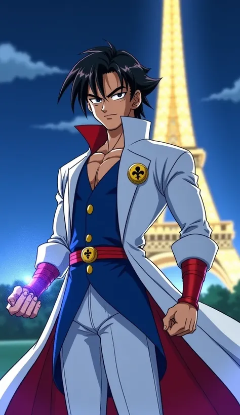 A character man with elegant white and blue robes accented with red, representing the French flag. Their weapon is an energy rapier, and they wear a fleur-de-lis crest on their chest. The background features the Eiffel Tower glowing under moonlight. Style:...