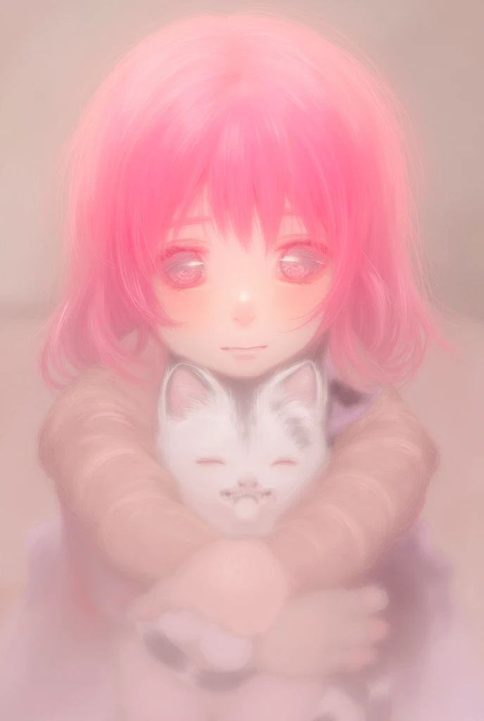 Anime-style girl with pink hair hugging a black and white cat