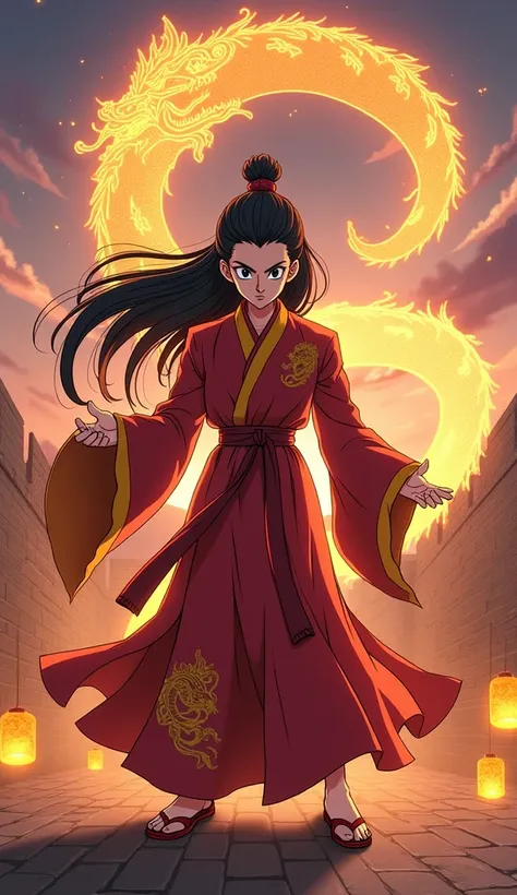 A mystical fighter with long black hair tied in a topknot, wearing red and gold robes with dragon motifs. They control an energy dragon spiraling around them. The background includes the Great Wall and lantern-lit skies. Style: Anime from Dragon Ball Z.