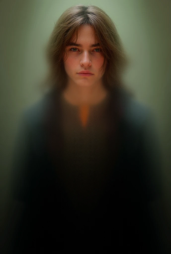 A man with green eyes and very long brown hair in Gryffindor uniform. Blurred background.