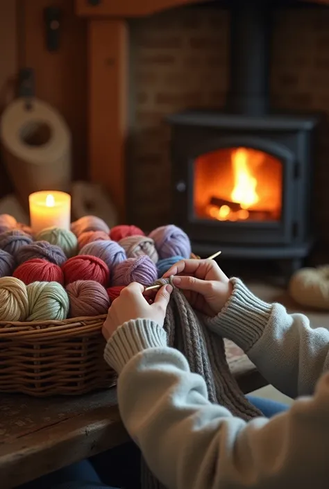 The scene is set in a cozy, dimly lit room, where the soft glow of a flickering candle casts gentle shadows on the wooden walls. In the center of the image is a pair of hands, skillfully knitting away with thick, soft yarn. The yarn, in warm shades of crea...